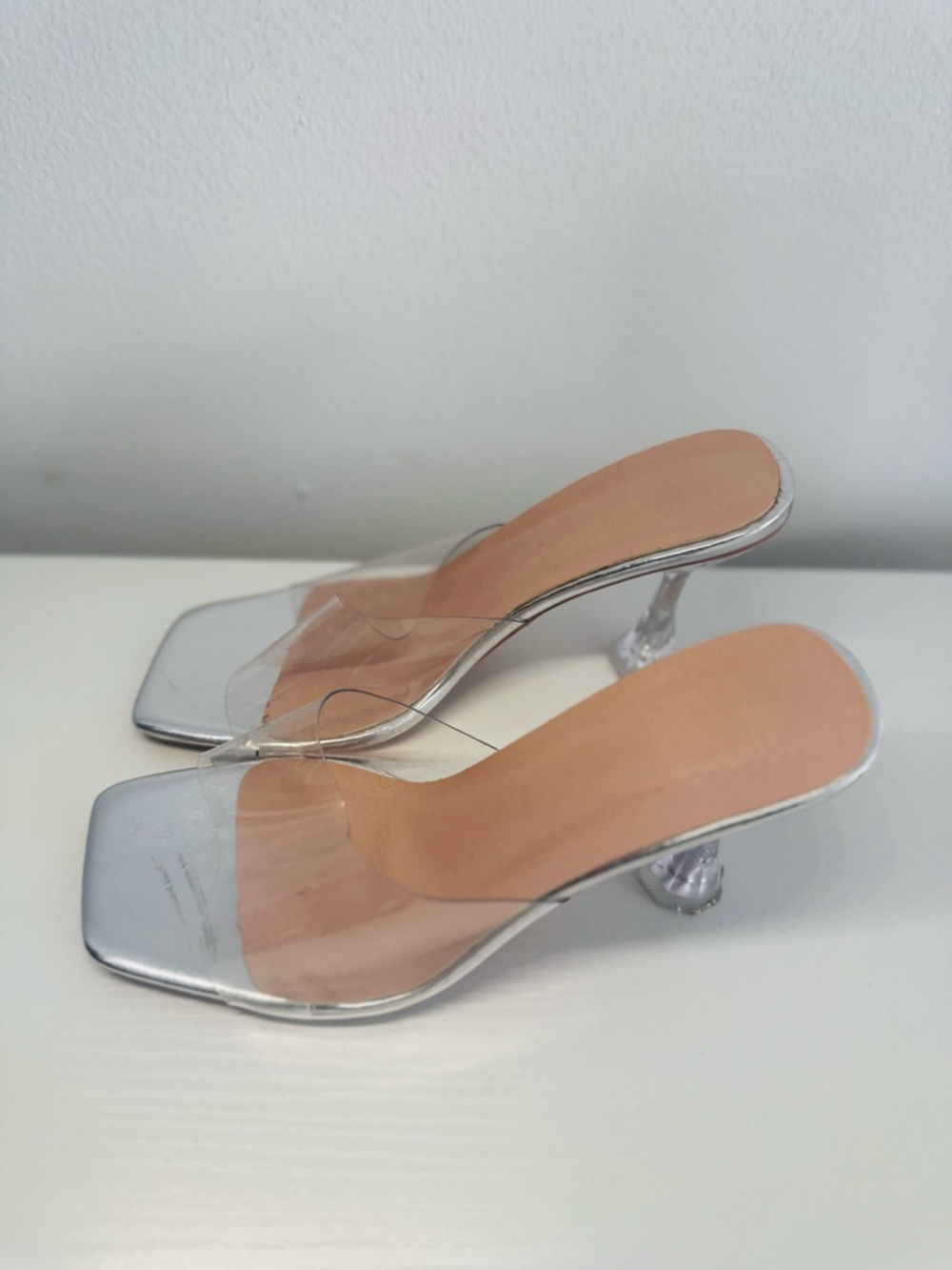 Clear Strappy Silver Block Heel Mules